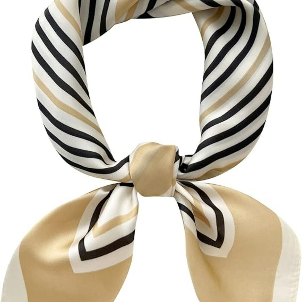 Women's Silk Feel Neck Scarf Black‎ and Carmel Medium Size
